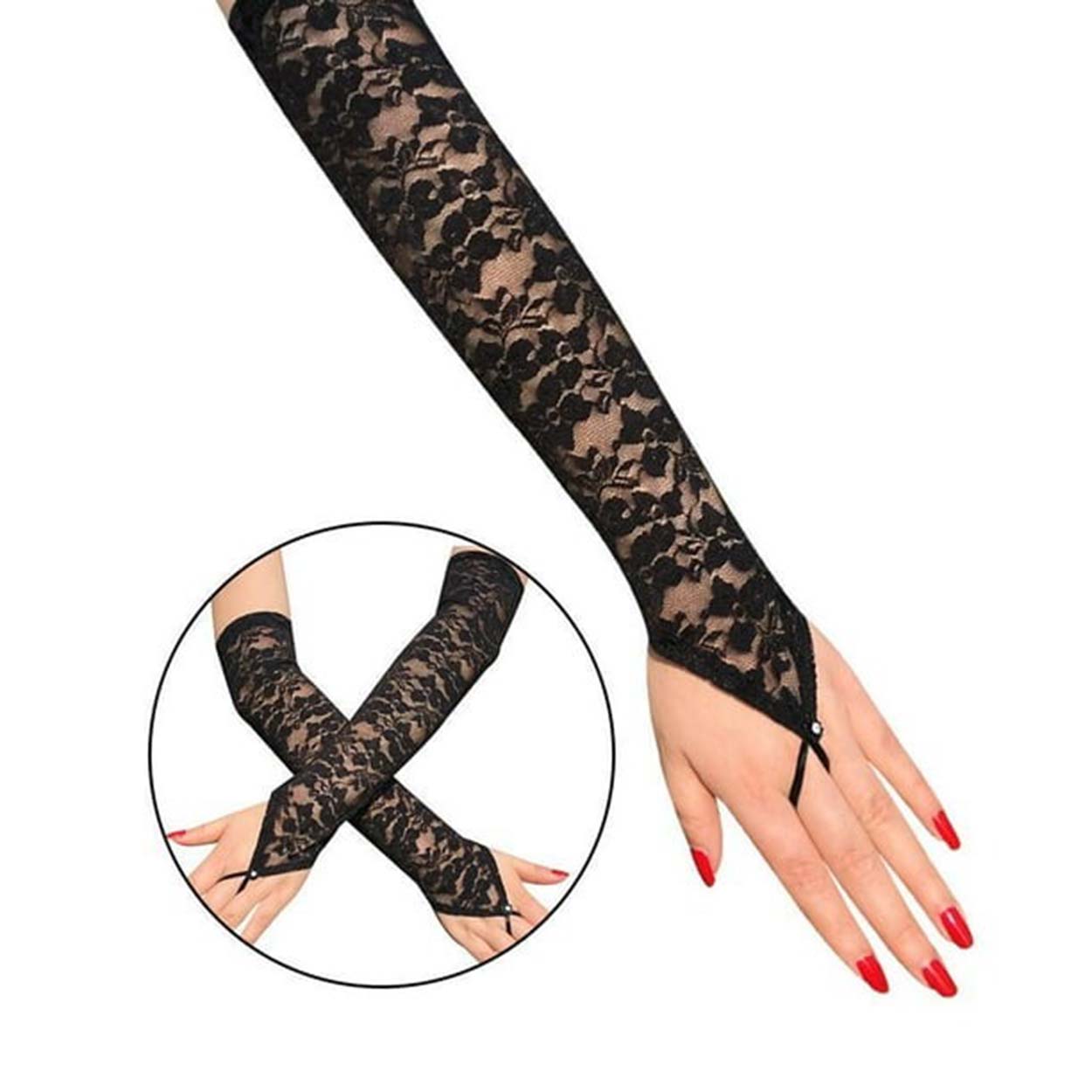 Elegante schwarze Spitzenhandschuhe mit Fingeröse 40 cm (5563) #2