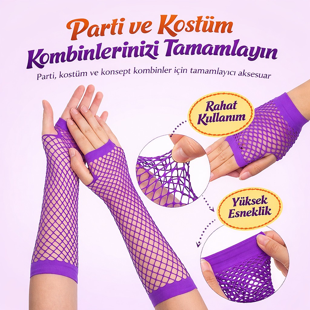 80’ler 90’lar Retro Mor File Parmaksız Eldiven 26 cm (5563) #2