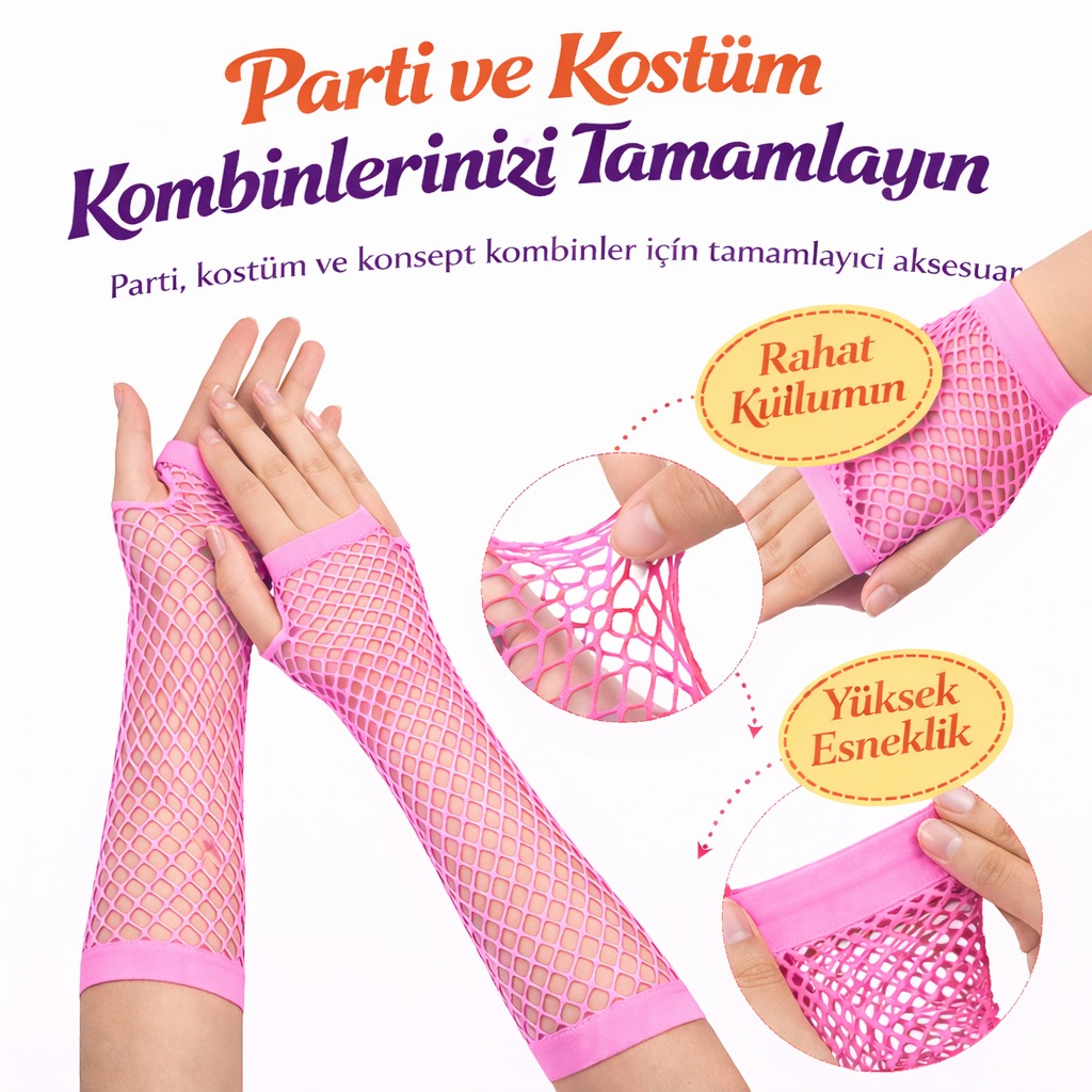 80’ler 90’lar Retro Neon Pembe File Parmaksız Eldiven 26 cm (5563) #2