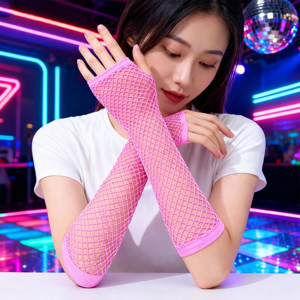 80’ler 90’lar Retro Neon Pembe File Parmaksız Eldiven 26 cm (5563) #3