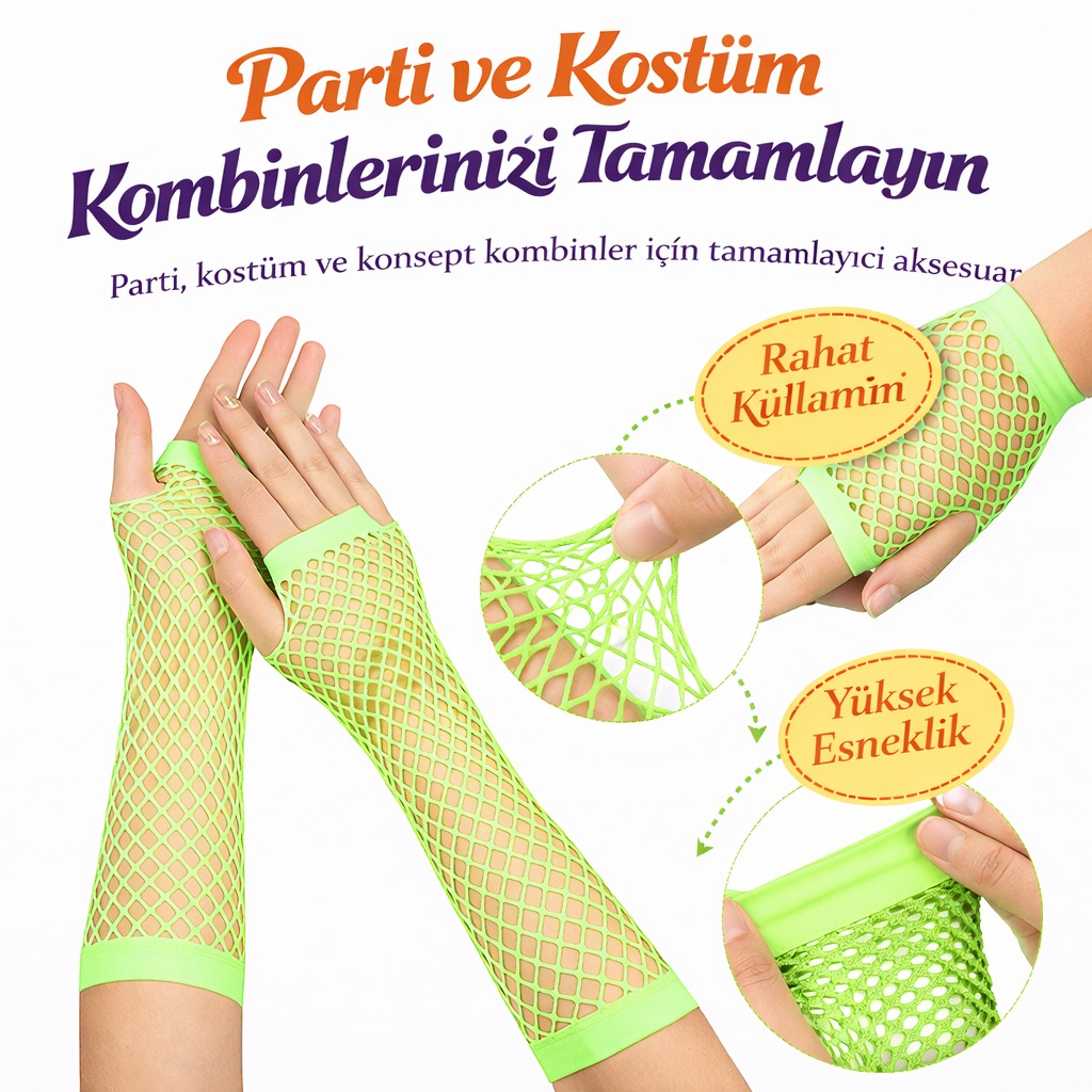 80er 90er Retro Neon Grün Netzhandschuhe Fingerlos 26 cm (5563) #2