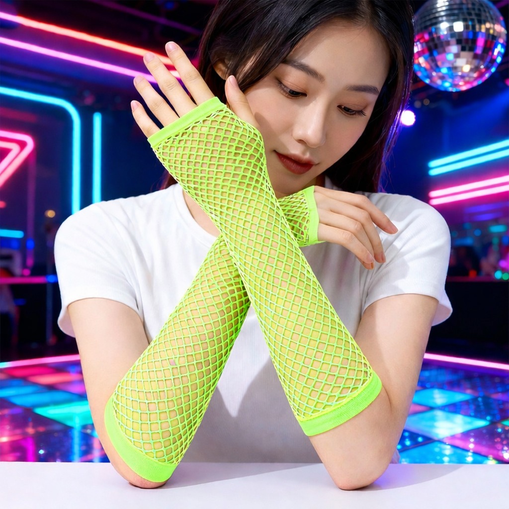 80er 90er Retro Neon Grün Netzhandschuhe Fingerlos 26 cm (5563) #3