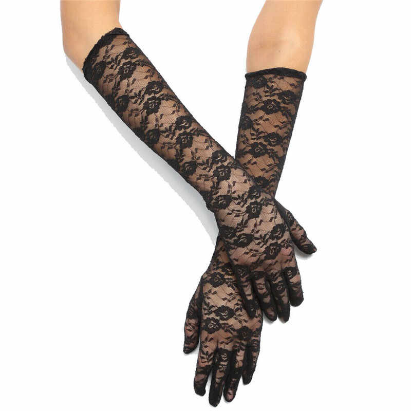 Schwarze Spitzen-Handschuhe Mittlere Größe Langes Modell (5563)