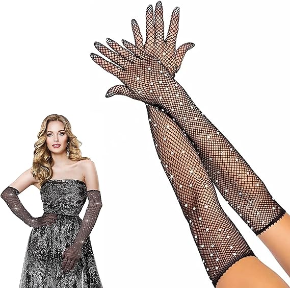 Black Pearl Diamond Mesh Long Gloves 45 cm (5563)