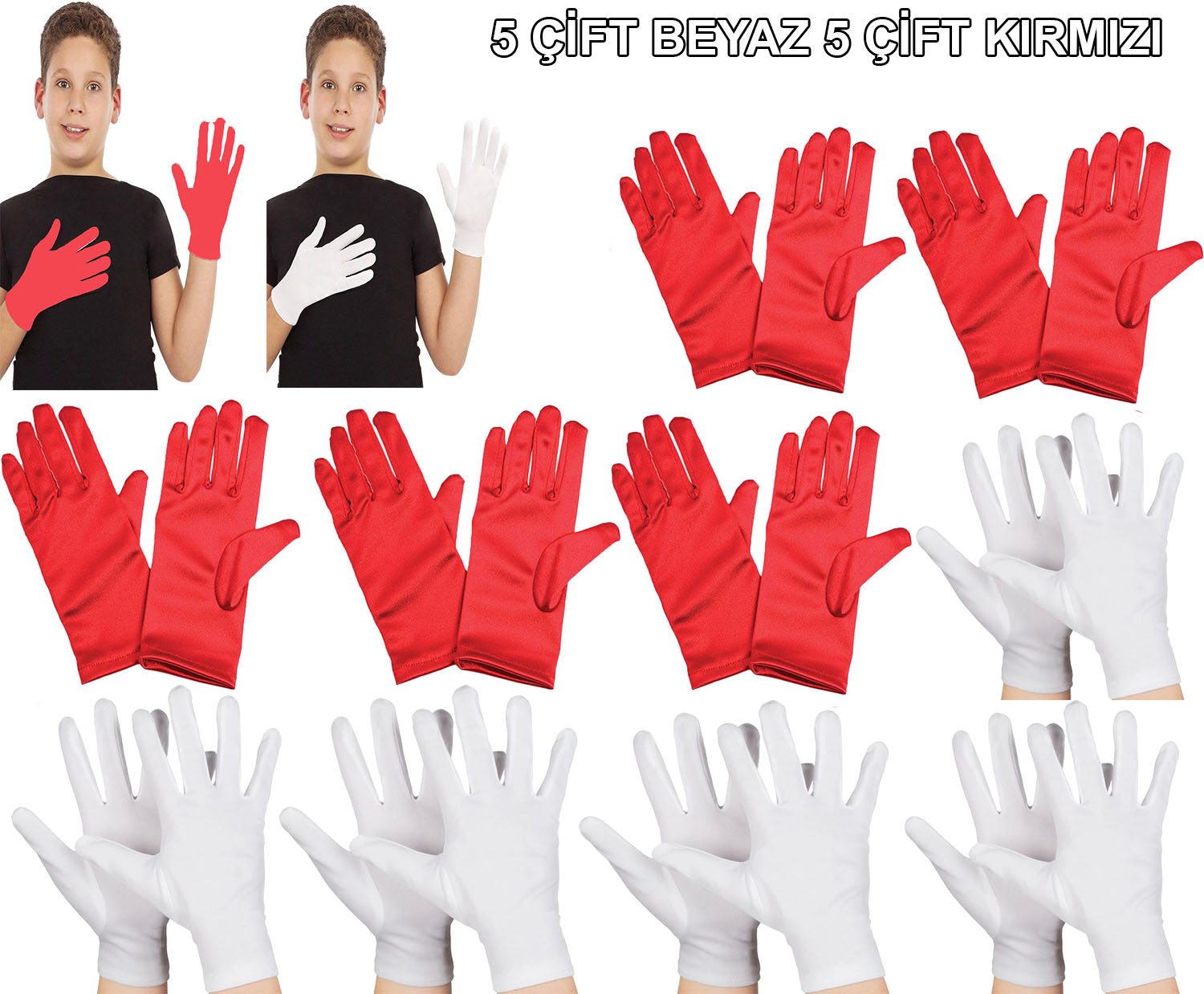 Kids Performance Glove Set – 5 White & 5 Red Pairs (5563)