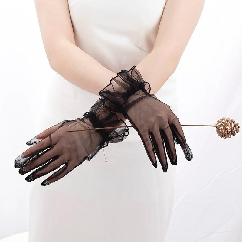 Kısa Boy Likralı Güpürlü Yetişkin Tül Eldiven Siyah Renk (5563) #4