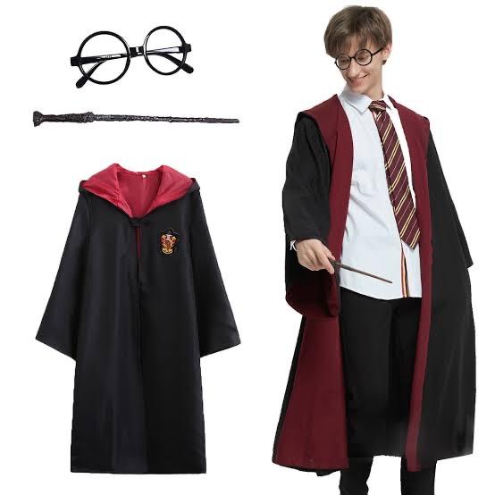 Harry Potter Gryffindor Kapişonlu Çocuk Kostüm + Asa + Gözlük Seti 7-8 Yaş (5563)