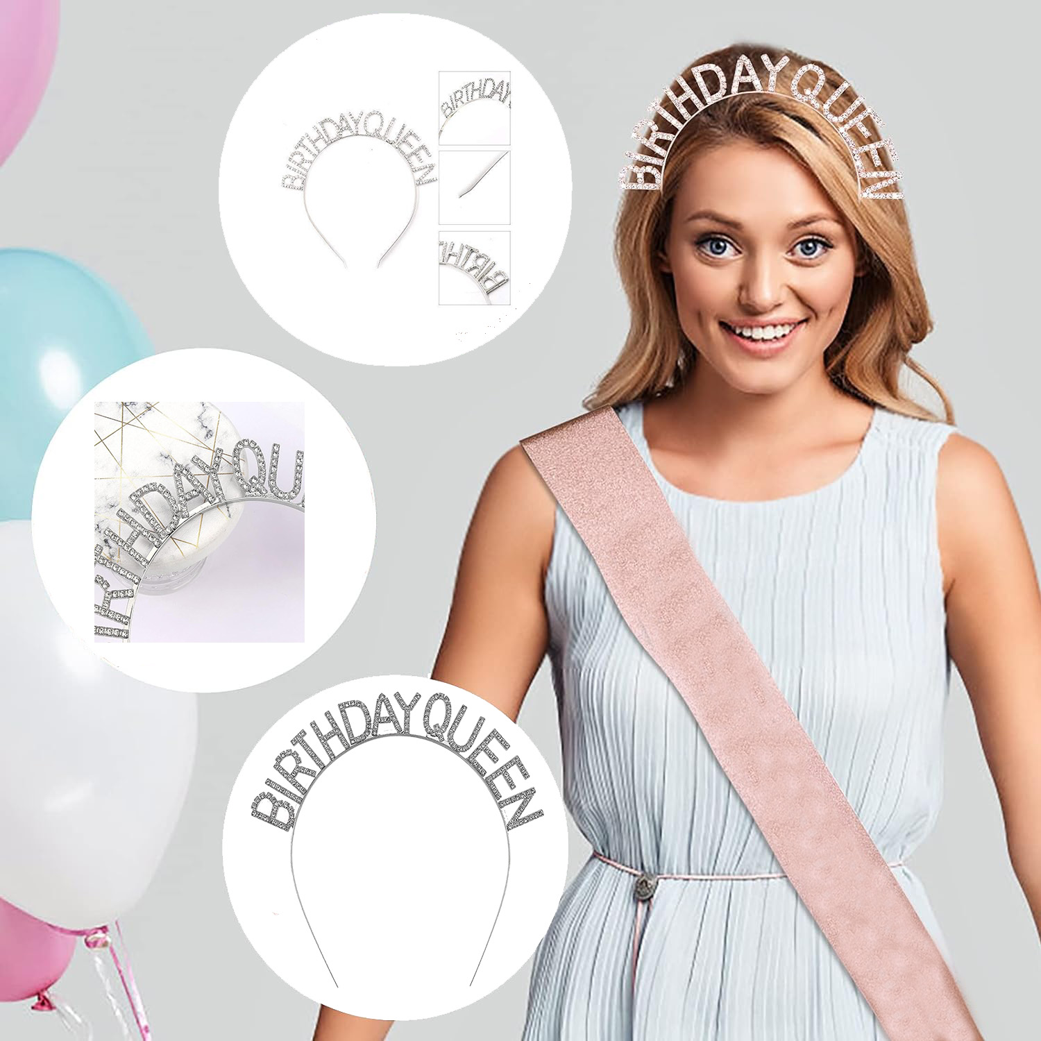 Gümüş Renk Kristal Taşlı Parlak Birthday Queen Yazılı Kraliçe Taç 16x17 cm (5563) #2