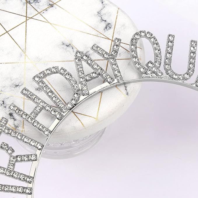 Gümüş Renk Kristal Taşlı Parlak Birthday Queen Yazılı Kraliçe Taç 16x17 cm (5563) #4
