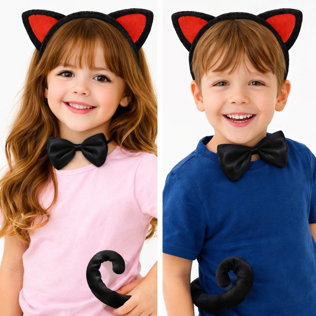 Kırmızı Kulaklı Kedi Kostüm Seti – Taç Papyon Kuyruk 3 Parça (5563) #2