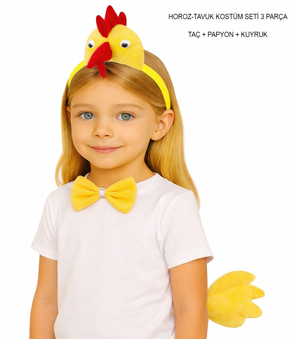 Çocuk Horoz Tavuk Kostüm Seti 3 Parça (Taç + Papyon + Kuyruk) (5563) #3