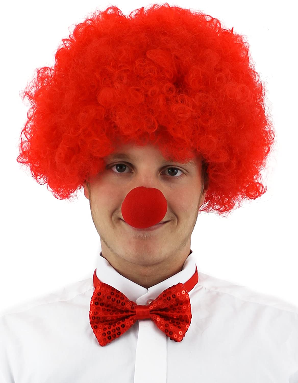 Red Curly Afro Bonus Wig and Red Clown Nose Set (5563)