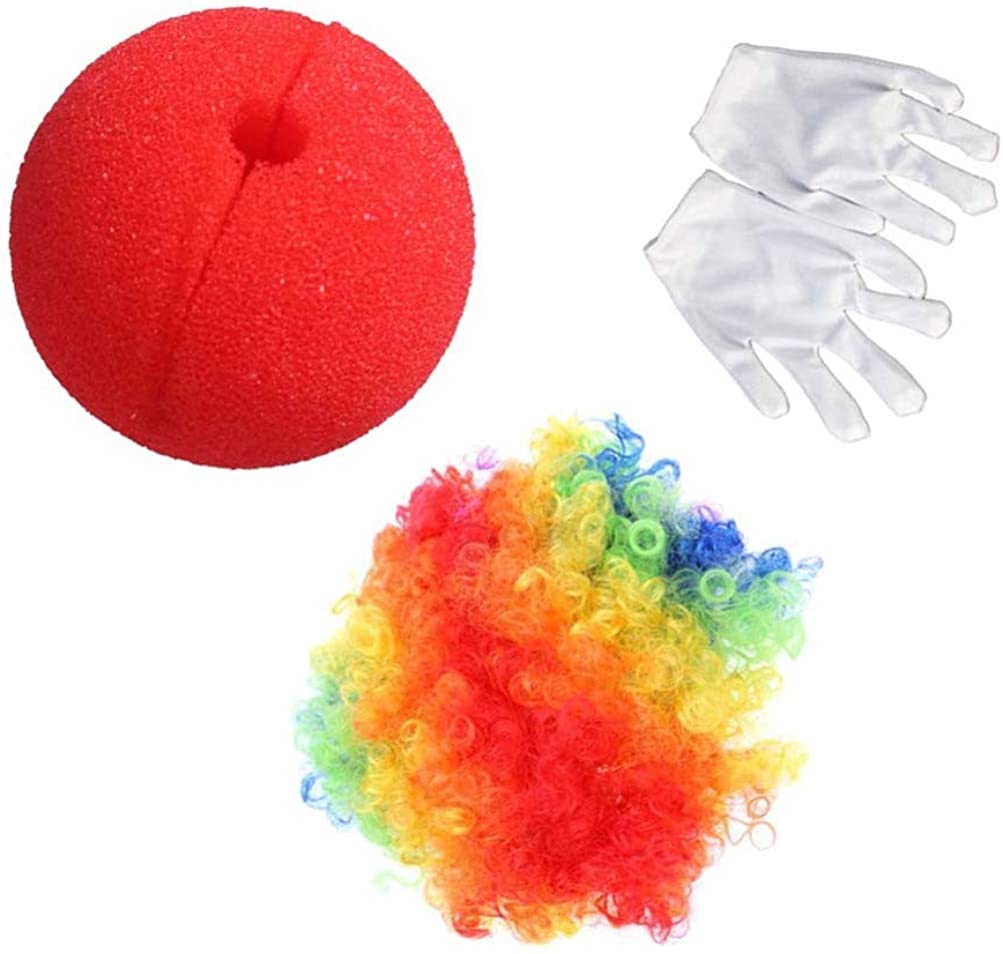 Colorful Clown Wig White Gloves Red Foam Nose Clown Set 3 Pi