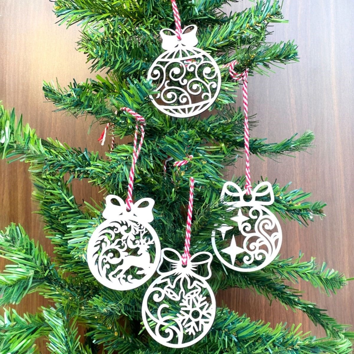 10-Piece Red White Rope Bow Wooden Christmas Tree Ornament (5563) #2