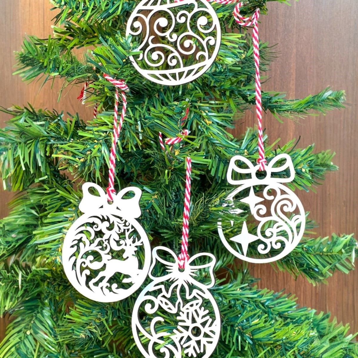 10-Piece Red White Rope Bow Wooden Christmas Tree Ornament (5563) #3