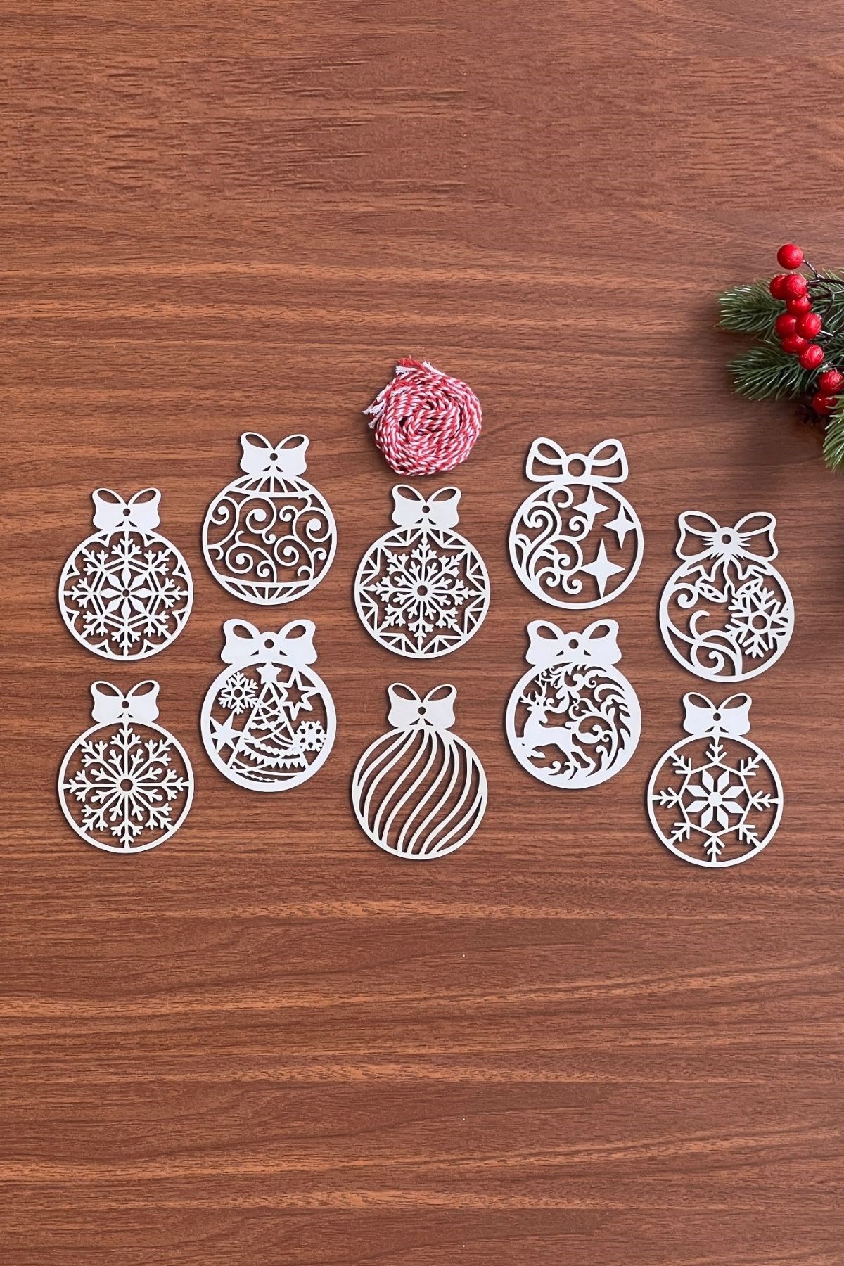 10-Piece Red White Rope Bow Wooden Christmas Tree Ornament (5563) #5