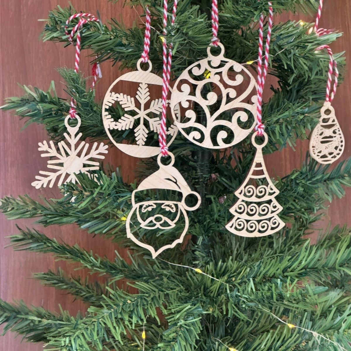 6-Piece Red White Wooden Christmas Ornaments Santa Snowflake