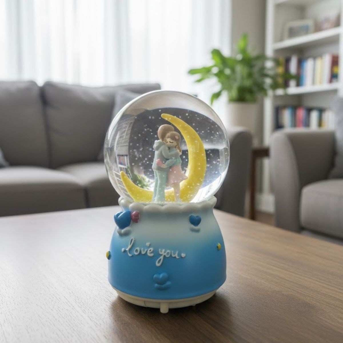 Pilli Işıklı Müzikli Kar Küresi–Hilal Ay Figürlü Romantik Ma