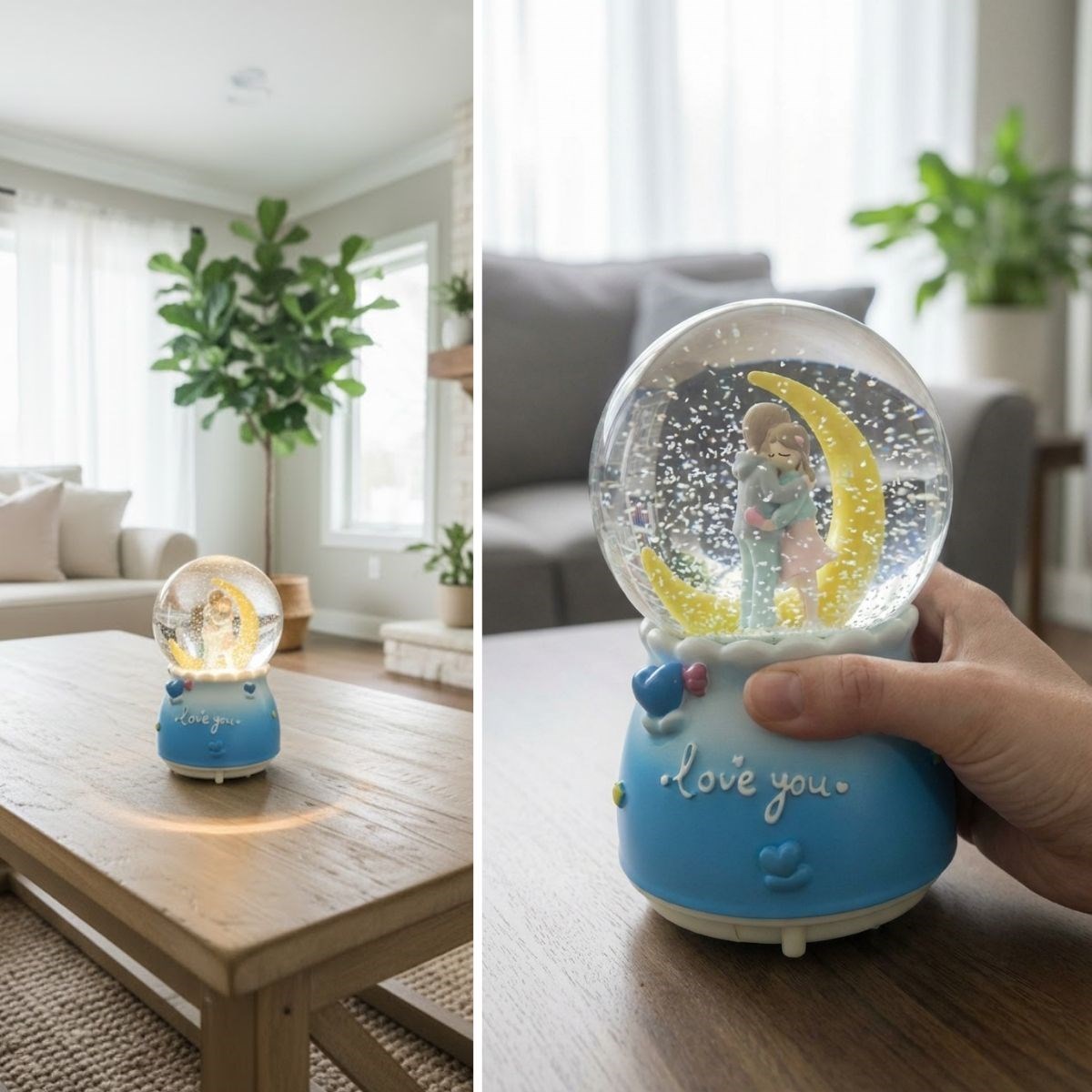 Pilli Işıklı Müzikli Kar Küresi–Hilal Ay Figürlü Romantik Masaüstü Biblo, LED Aydınlatmalı Dekoratif Hediyelik Kar Küresi (5563) #3