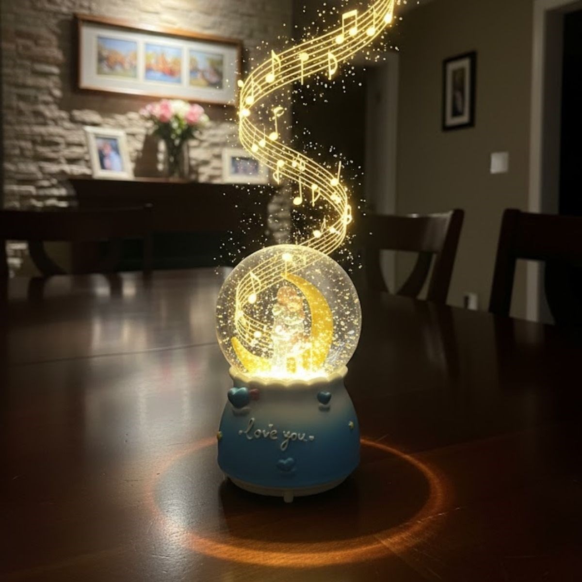 Pilli Işıklı Müzikli Kar Küresi–Hilal Ay Figürlü Romantik Masaüstü Biblo, LED Aydınlatmalı Dekoratif Hediyelik Kar Küresi (5563) #4