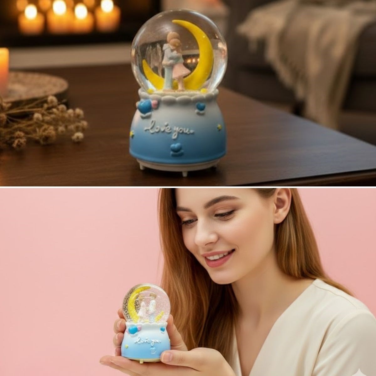 Pilli Işıklı Müzikli Kar Küresi–Hilal Ay Figürlü Romantik Masaüstü Biblo, LED Aydınlatmalı Dekoratif Hediyelik Kar Küresi (5563) #5