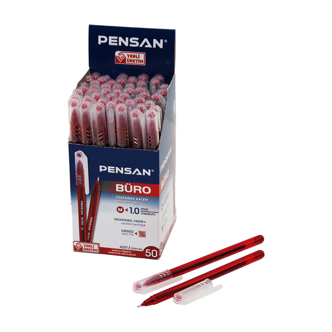 50 Pack PENSAN BÜRO Red Ballpoint Pen M-Medium - 1.0MM Tip (