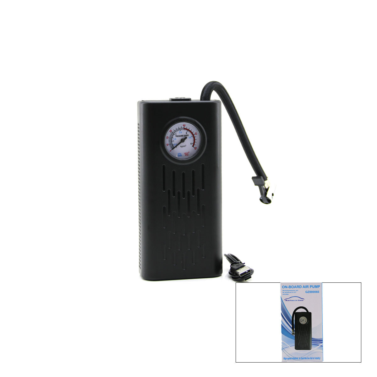 ON-BOARD AIR PUMP WITH GAUGE - RECHARGEABLE TIRE PUMP COMPRE