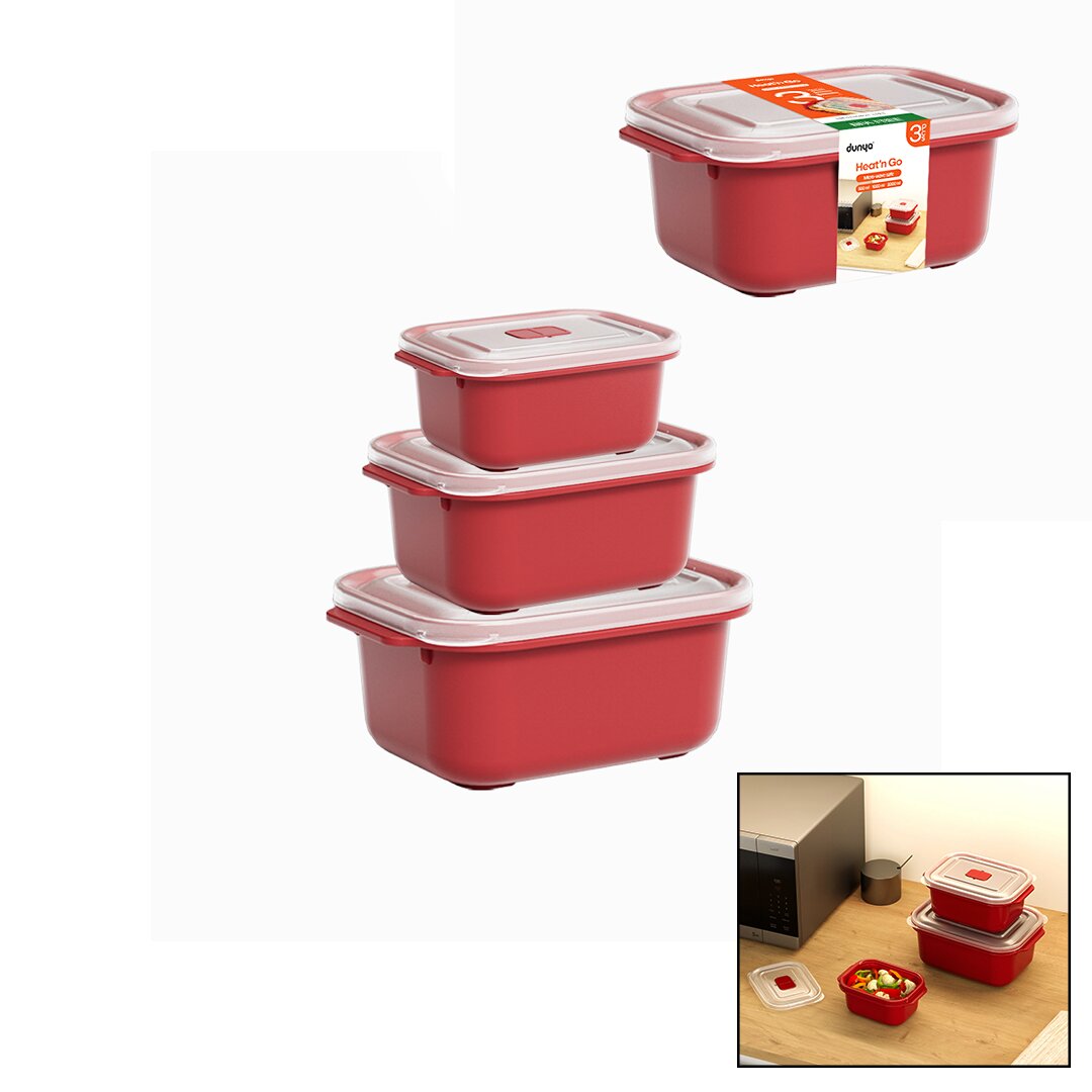 3 Pcs Red Rectangle Storage Container Set 500-1000-2000ML