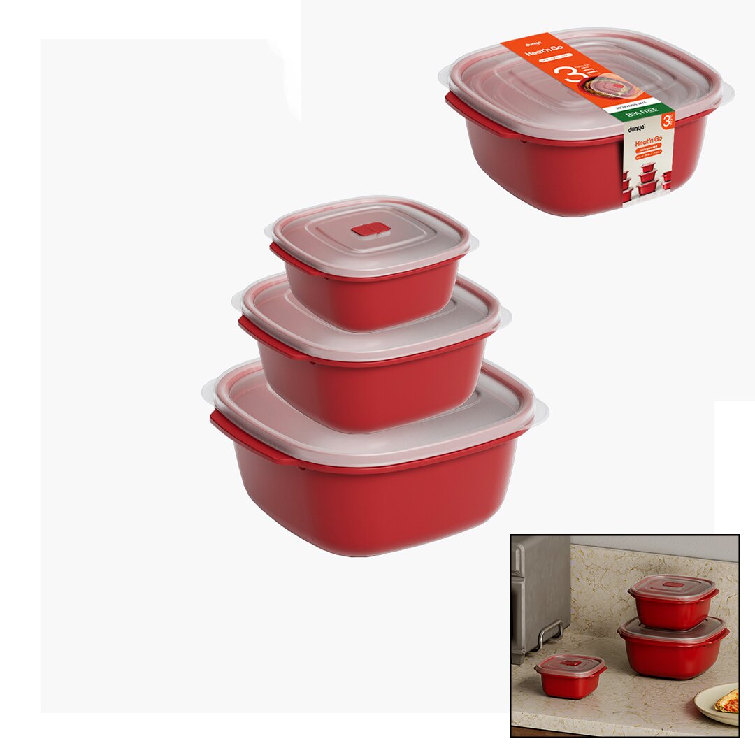 3-Piece Red Square Storage Container Set 550-1100-2200ML
