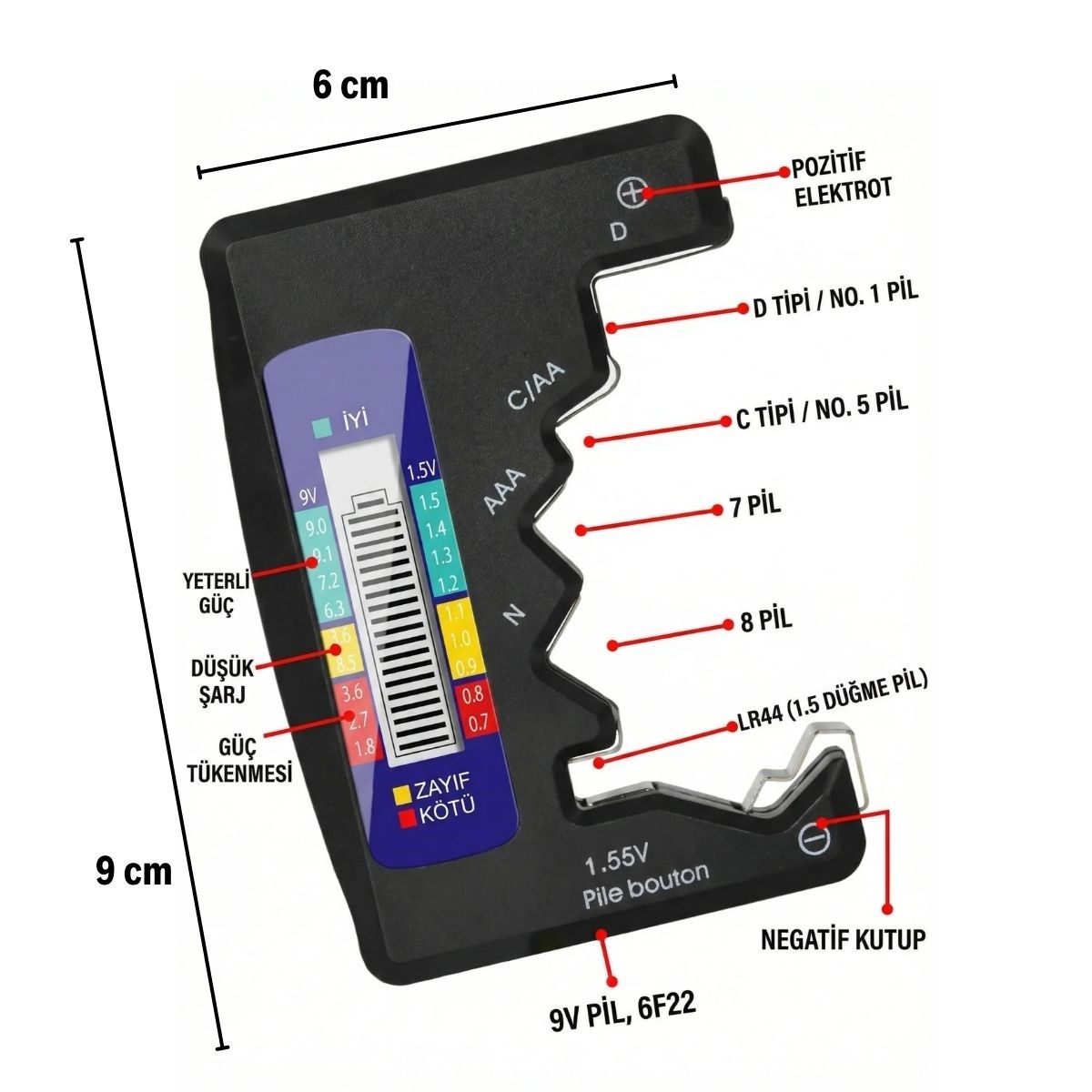 Evrensel Dijital Pil Test Cihazı – AA, AAA, C, D, N, 9V ve Düğme Pil Uyumlu Mini Pil Kapasite & Seviye Ölçer (5563) #5