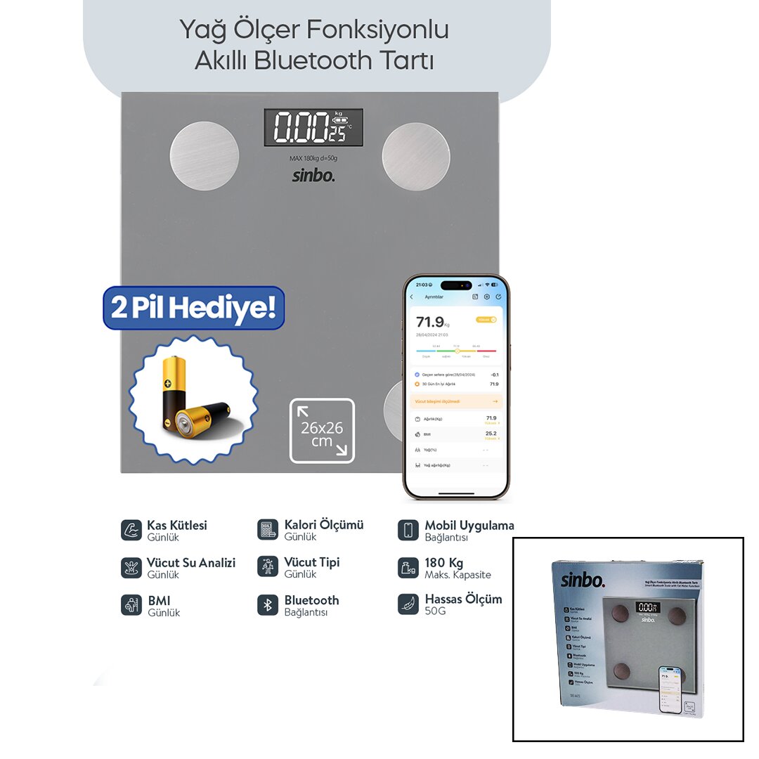 GRİ YAĞ ÖLÇER AKILLI BLUETOOTH CAM BASKÜL PİLLİ 180KG/50GR 2