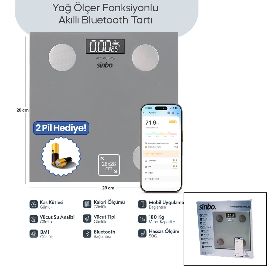 GRİ YAĞ ÖLÇER AKILLI BLUETOOTH CAM BASKÜL PİLLİ 180KG/50GR 2