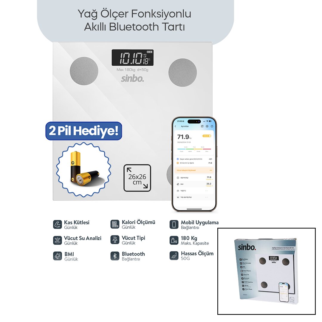 BEYAZ YAĞ ÖLÇER AKILLI BLUETOOTH CAM BASKÜL PİLLİ 180KG/50GR