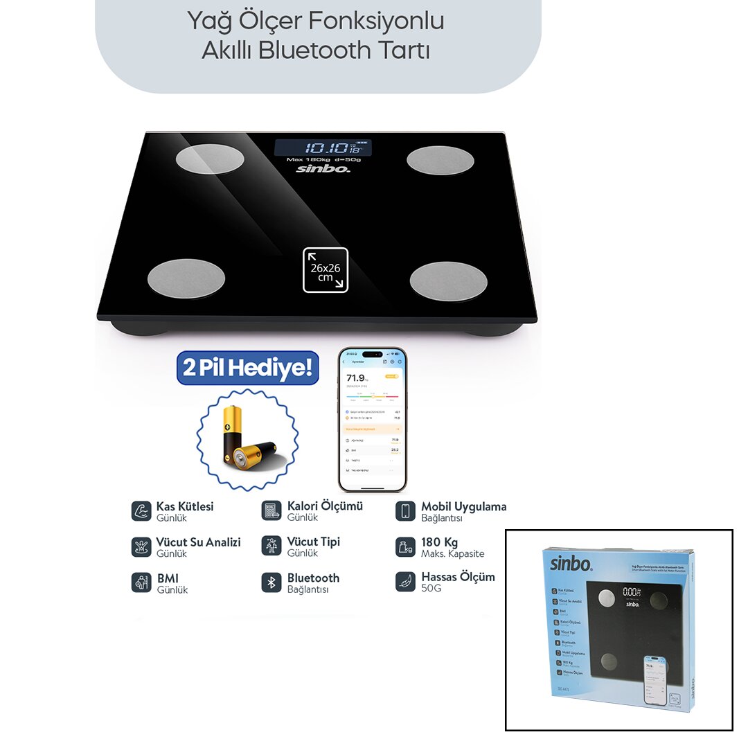SİYAH YAĞ ÖLÇER AKILLI BLUETOOTH CAM BASKÜL PİLLİ 180KG/50GR