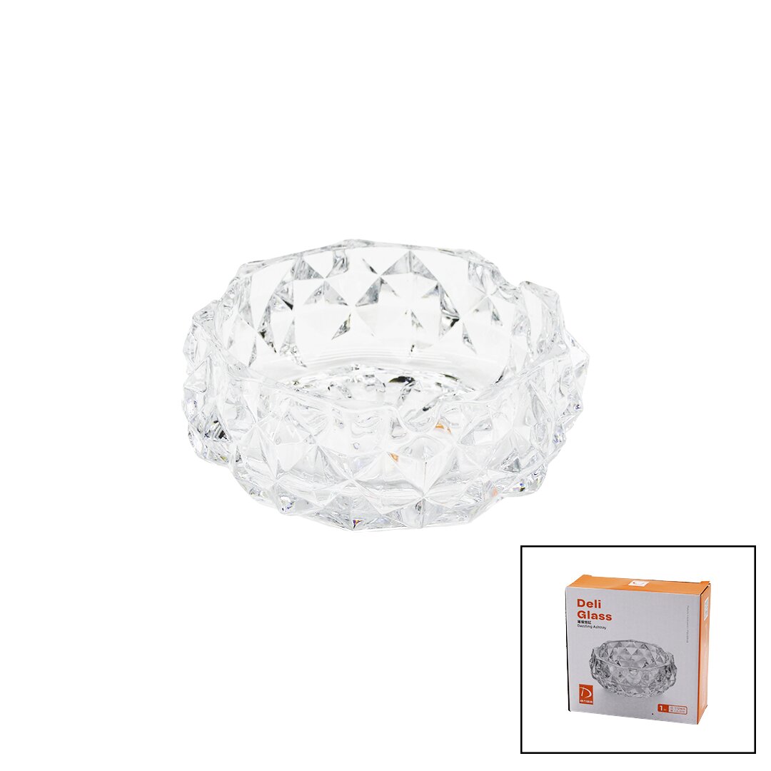 Large Glass Diamond Crystal Round Ashtray Ø 12.8cm - H 5.2cm