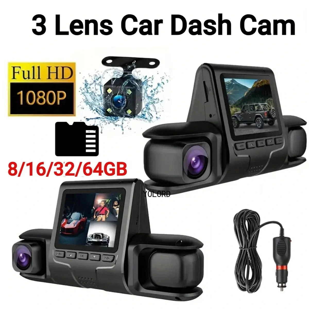 1080P Triple Lens Car Dash Cam Front Interior & Rear HD DVR 120° Loop Recording #2