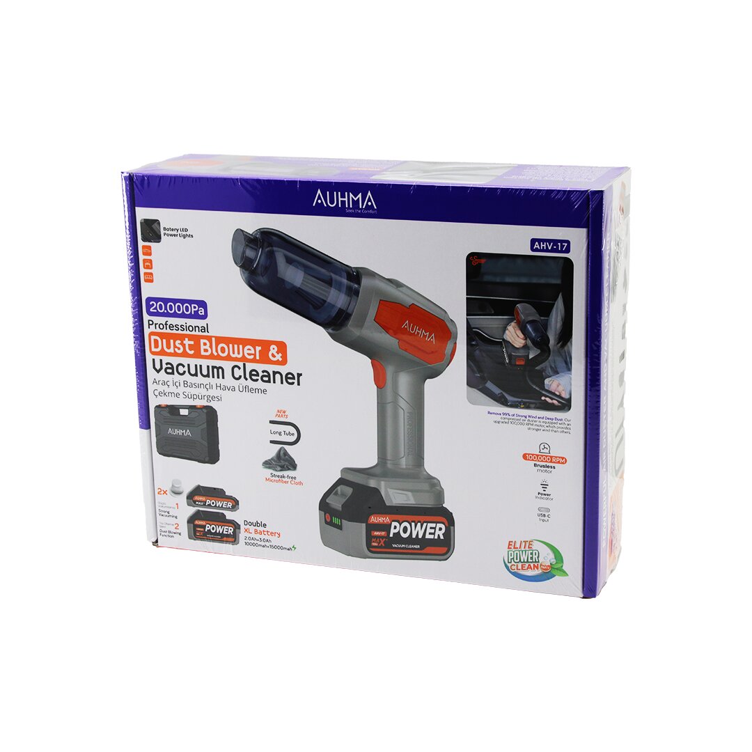 OTO ARAÇ TYPE-C SARJLI EL TİPİ BASINÇLI HAVA ÜFLEME - SÜPÜRGE MAKİNE YEDEK BATARYA - 2 X FİLTRE MİKROFİBER BEZ 8 BAŞLIK 120W AHV-17 (5563)