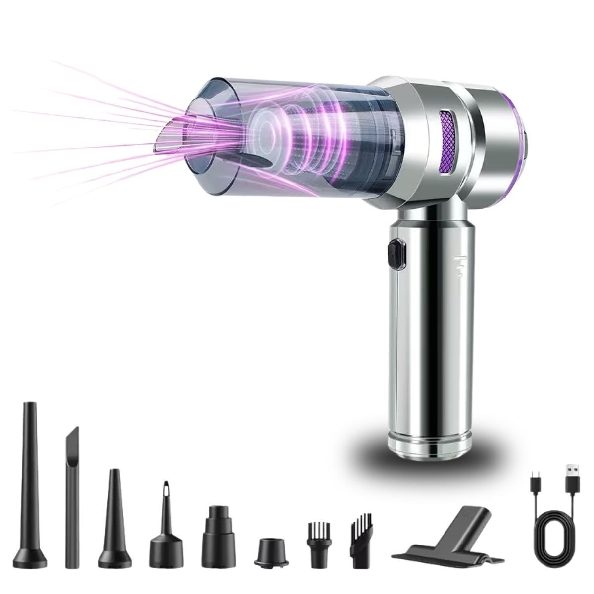 9 Farklı Uçlu Kablosuz Şarjlı Araç İçi Süpürge – Wireless Destekli, Güçlü Emiş, Taşınabilir Pratik Araç Temizleyici (5563)