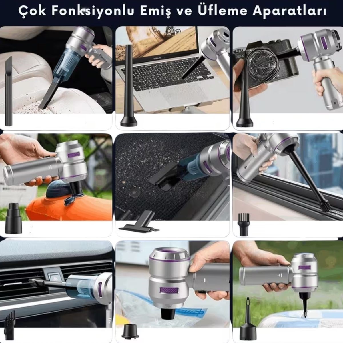 9 Farklı Uçlu Kablosuz Şarjlı Araç İçi Süpürge – Wireless Destekli, Güçlü Emiş, Taşınabilir Pratik Araç Temizleyici (5563) #4