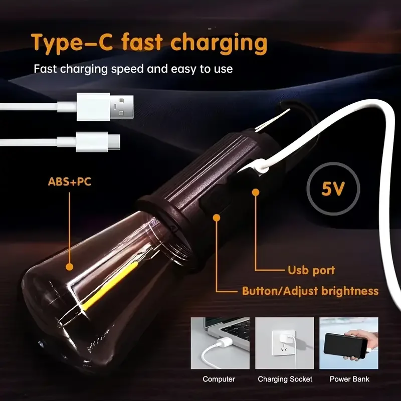 Rustik Taşınabilir Şarjlı Tasarruflu Ampul 10W Led Lamba Type-c Şarj Askılı Asma Aydınlatma T020 (5563) #4