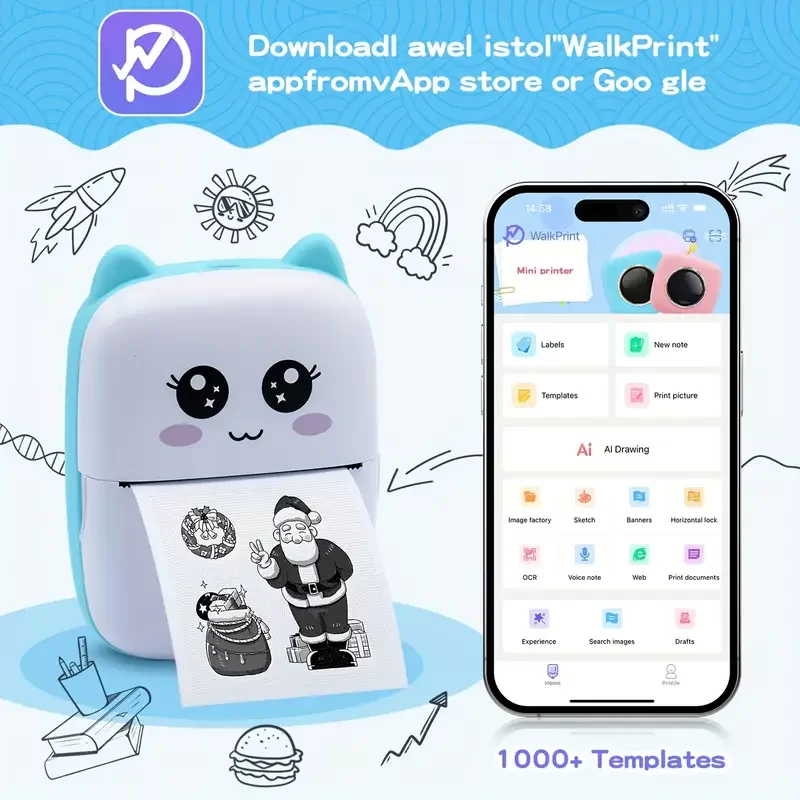 Taşınabilir Yazıcı, Mini Cep Kablosuz Termal Yazıcı Android iOS Akıllı Telefonlar için Uygun, BT Mürekkepsiz Baskı, Etiketler, Fişler, Fotoğraflar, Notlar, Öğrenme (5563)