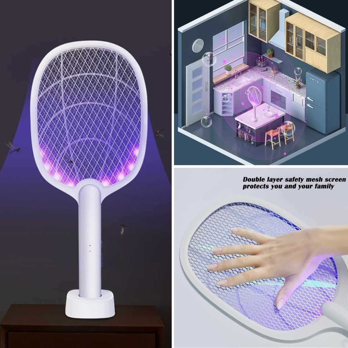 Şarjlı Sinek Öldürücü Masaüstü Standlı,Mor Işık Sinek Kovucu Raket 5w (5563) #3
