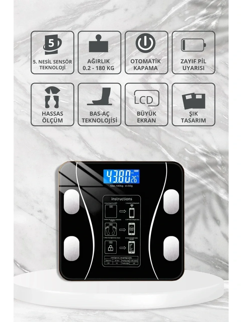 Yağ Ölçer Fonksiyonlu Dijital Baskül Elektronik Tartı Akıllı Bluetooth Lcd Dijital Ekran Ev Vücut (5563) #4