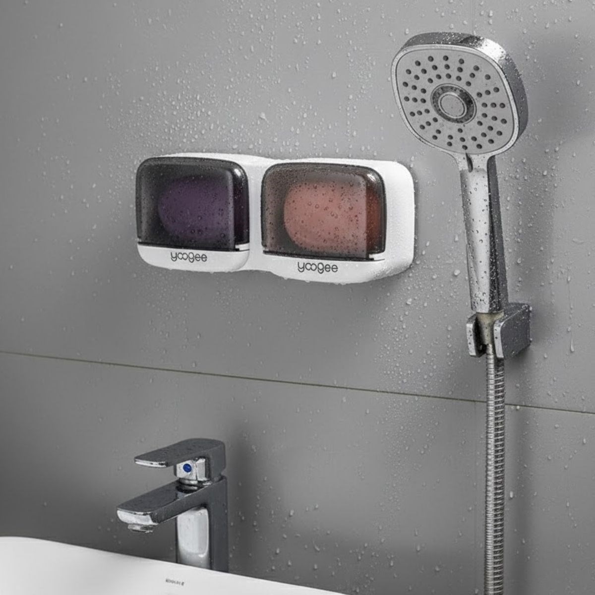 Wandmontierter Doppeldeckel-Kunststoff-Seifenorganizer – Haftend für Bad & Küche (5563) #2