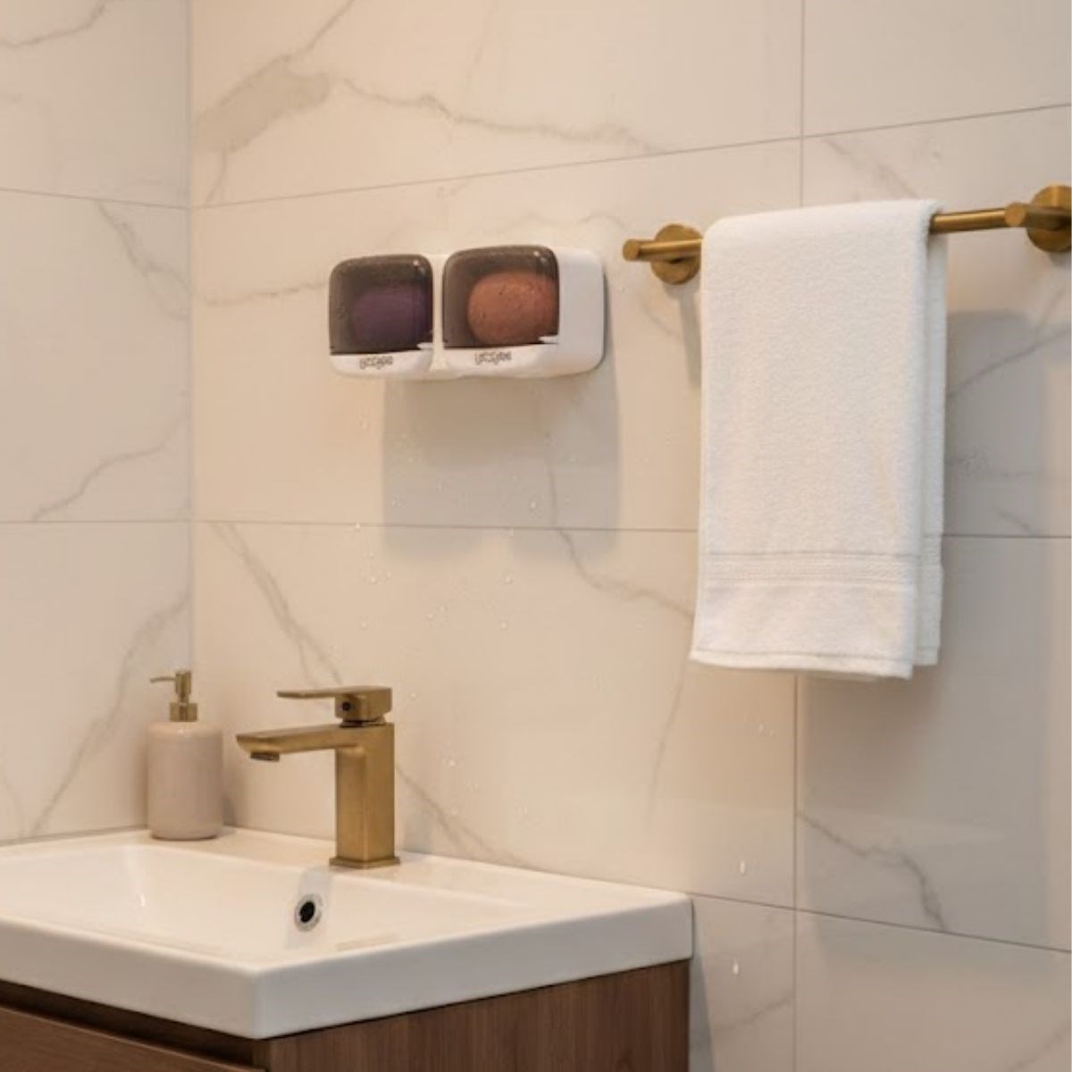 Wandmontierter Doppeldeckel-Kunststoff-Seifenorganizer – Haftend für Bad & Küche (5563) #3