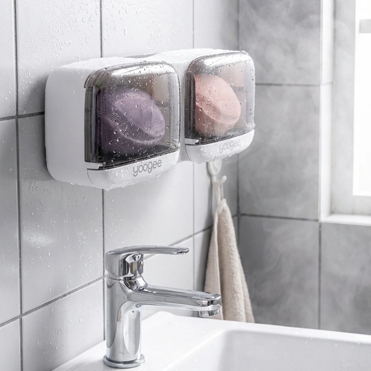 Wandmontierter Doppeldeckel-Kunststoff-Seifenorganizer – Haftend für Bad & Küche (5563) #4