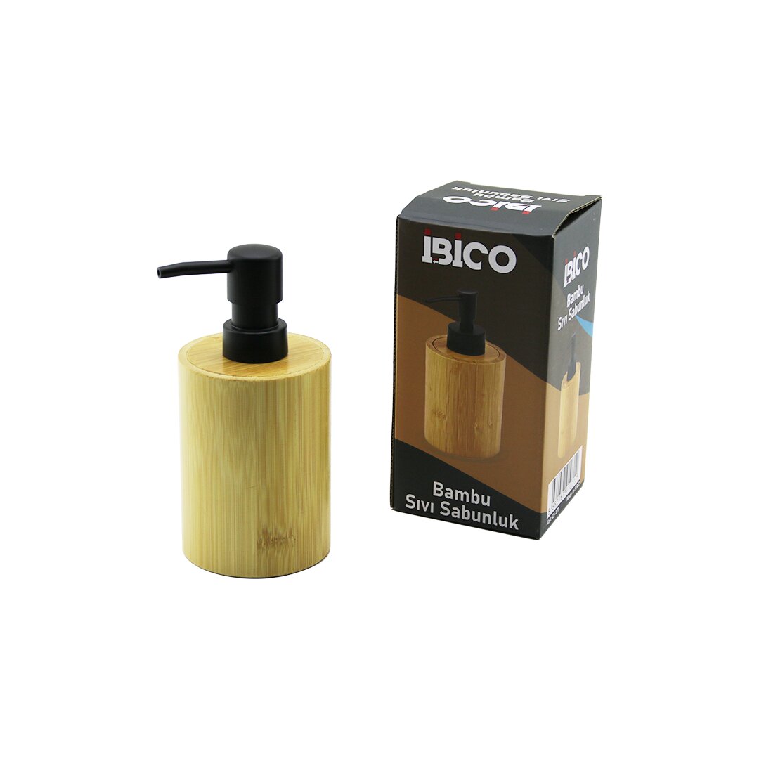 Round Bamboo Wood Liquid Soap Dispenser Black Plastic Pump 8