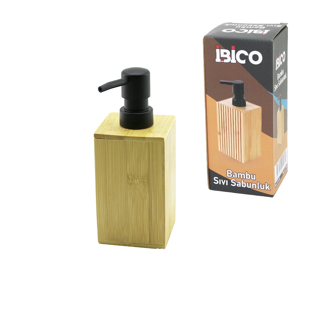 Square Bamboo Wood Liquid Soap Dispenser Black Plastic Pump