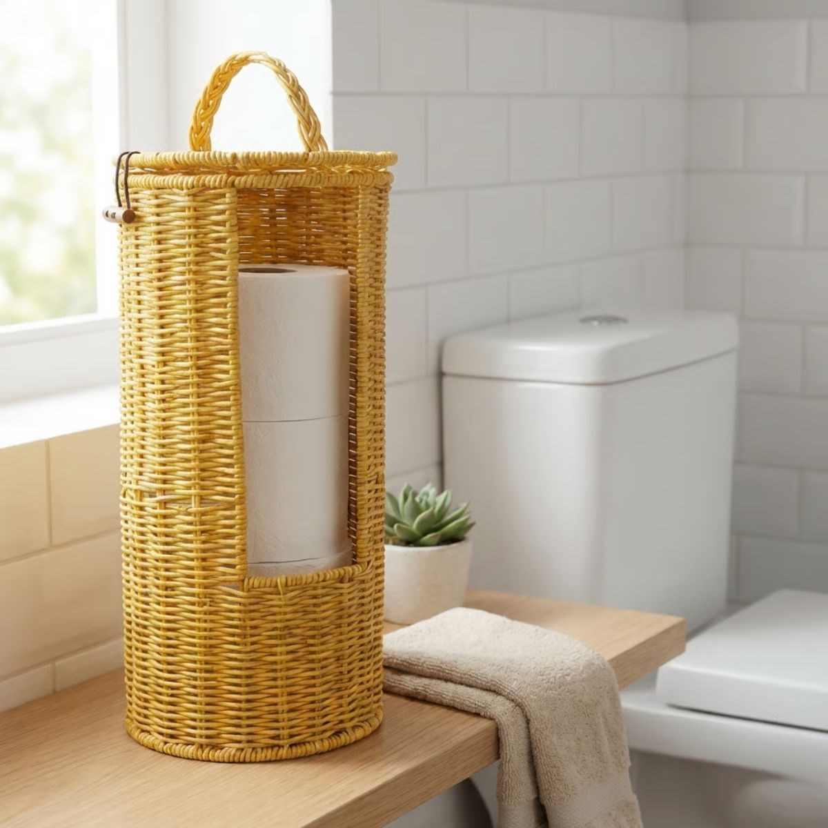 Hanging Plastic Rattan Toilet Paper Stand – Woven Look, Lidd