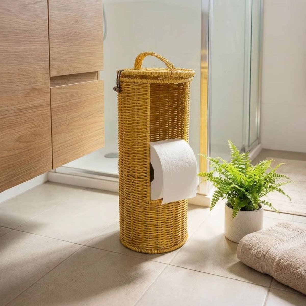 Hanging Plastic Rattan Toilet Paper Stand – Woven Look, Lidded, Storage WC Holder (5563) #2